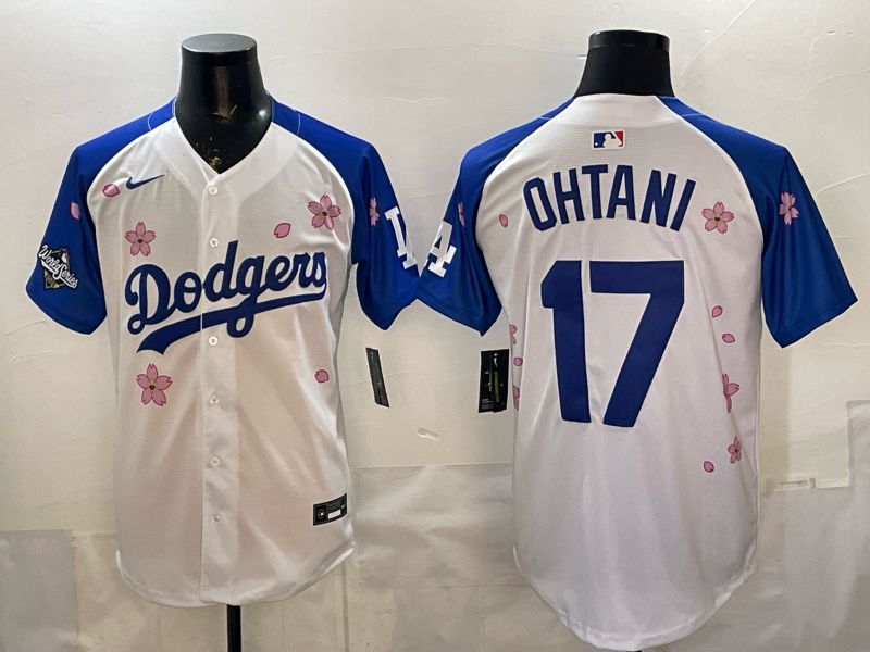 Men Nike 2026 Los Angeles Dodgers #17 Ohtani White Blue Sakura Edition Game MLB Jersey 12088